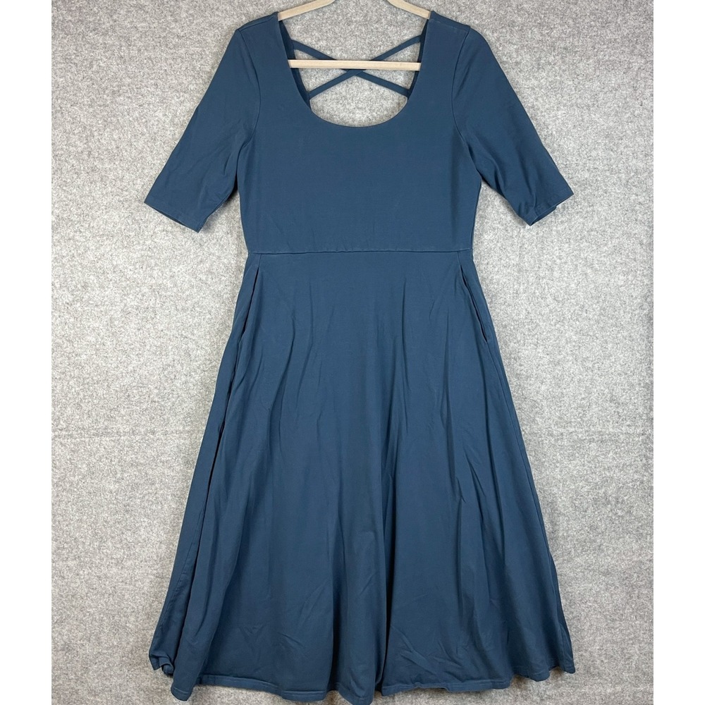 PACT Midi Dress Womens Large Blue Organic Cotton Criss Cross Back Minimal Eco